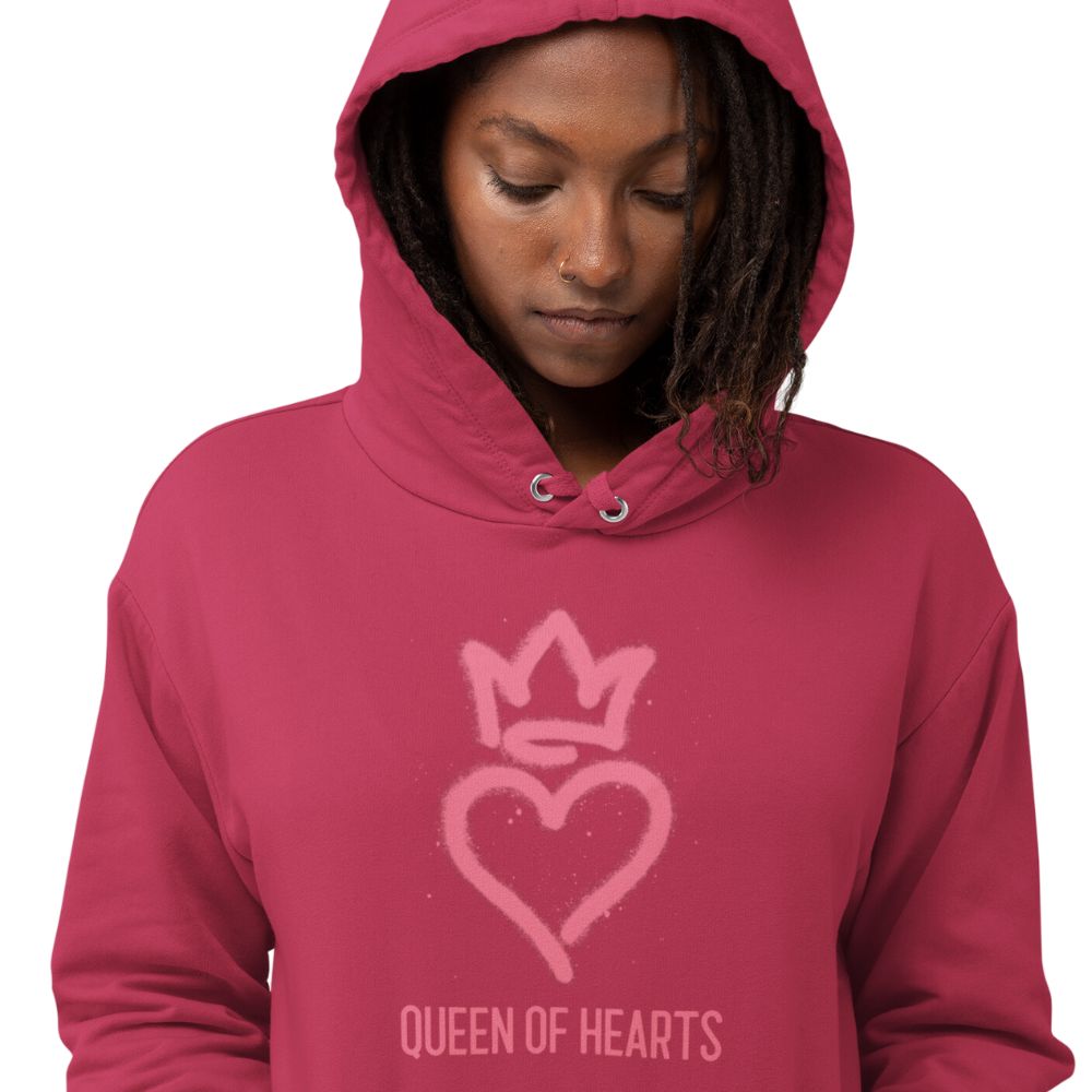 woman in a hoodie with a heart and a crown over it. the words queen of hearts is written under the heart. the color is maroon