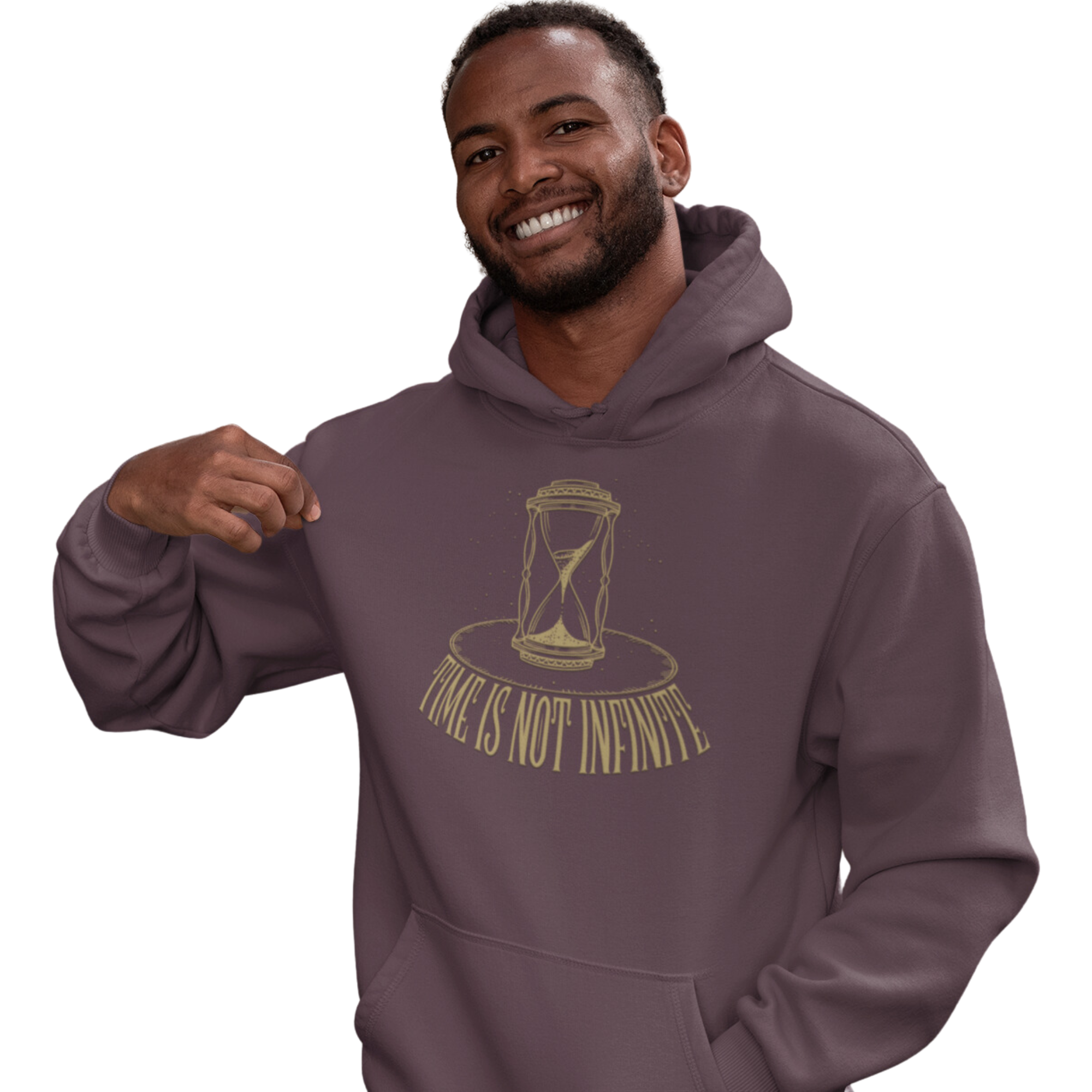 the time is not infinite hoodie. the color is brown with an hourglass signifying the loss of time in lif