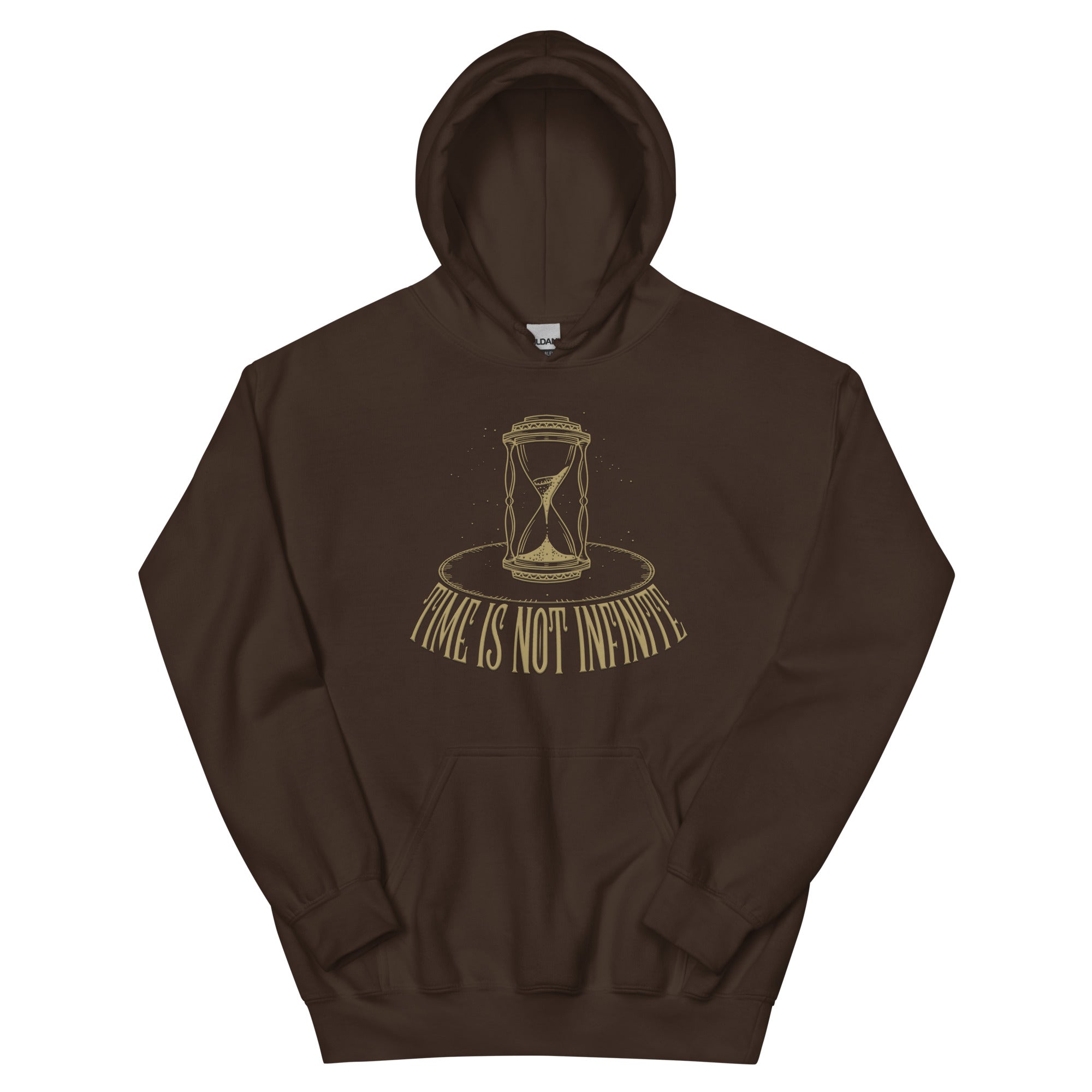 the time is not infinite hoodie. the color is brown with an hourglass signifying the loss of time in life 