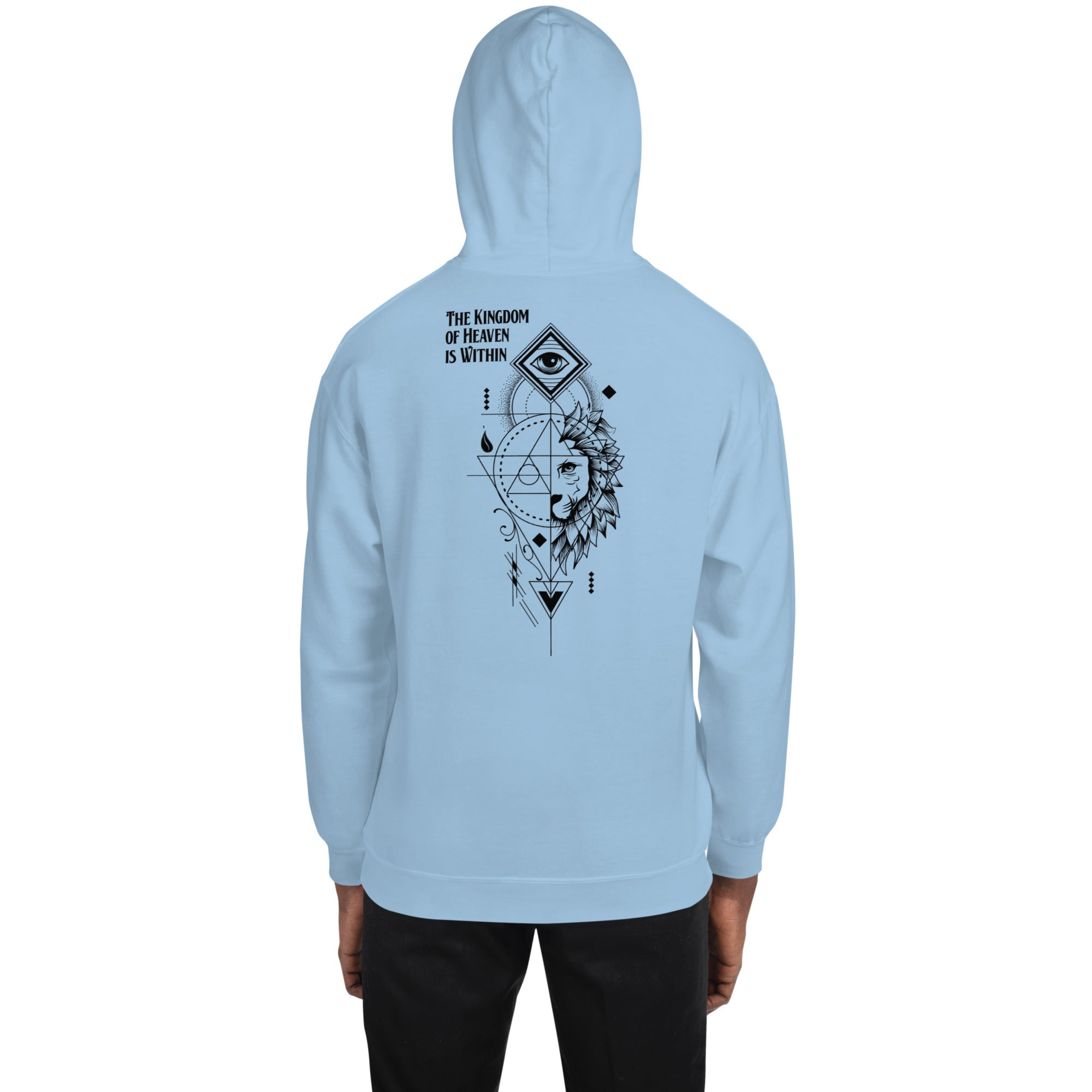 kingdom of heaven with graphic on the back of a baby blue hoodie