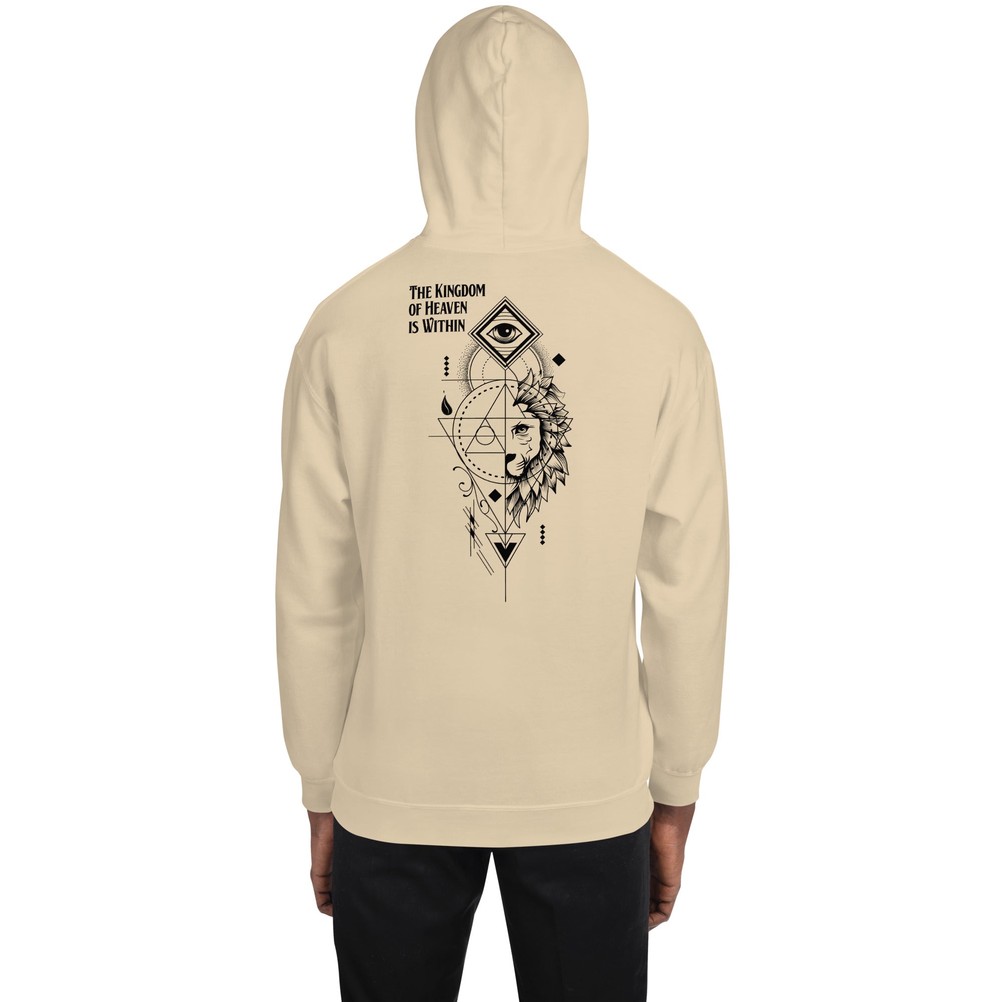 kingdom of heaven with graphic on the back of a beige hoodie