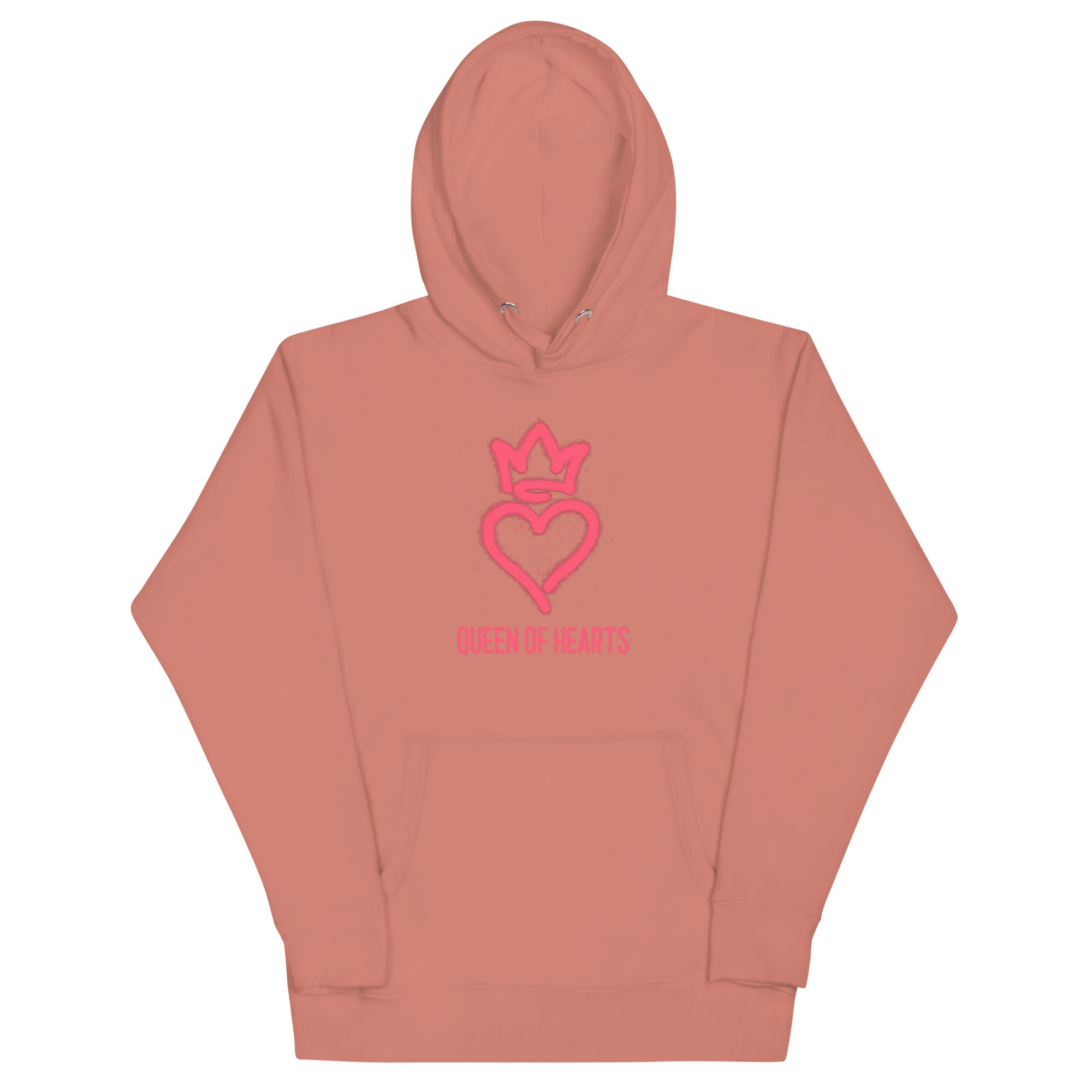 hoodie with a heart and a crown over it. the words queen of hearts is written under it. the color is dusty rose