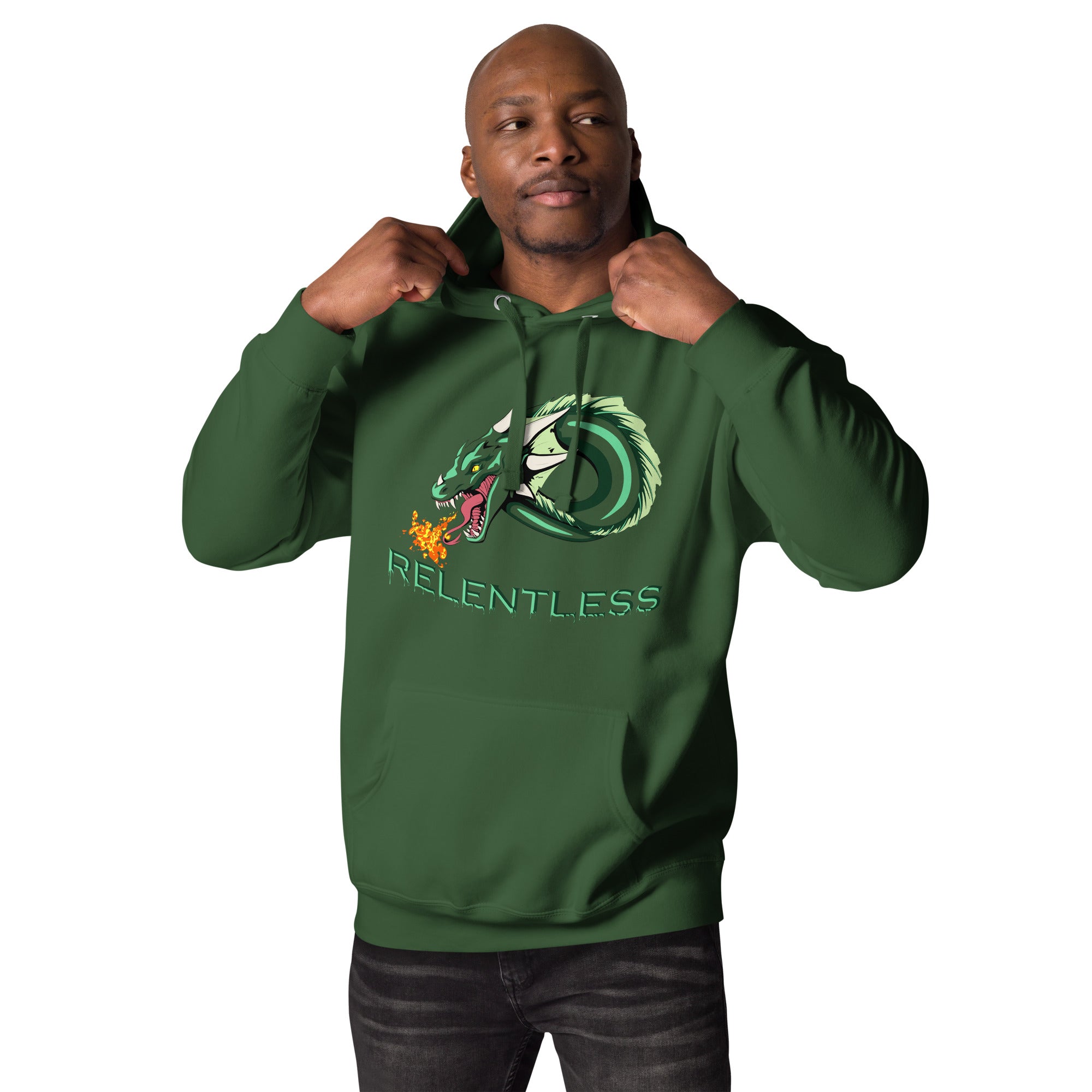 hoodie in the color green with a fire breathing dragon on the front with the words relentless written under it