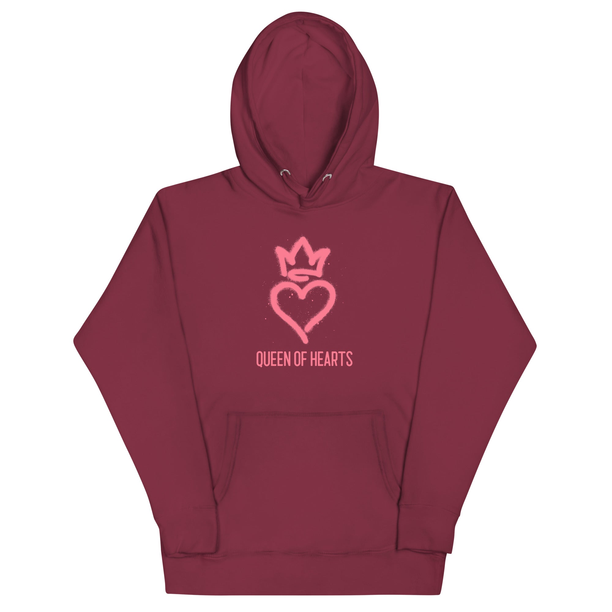 hoodie with a heart and a crown over it. the words queen of hearts is written under it. the color is maroon