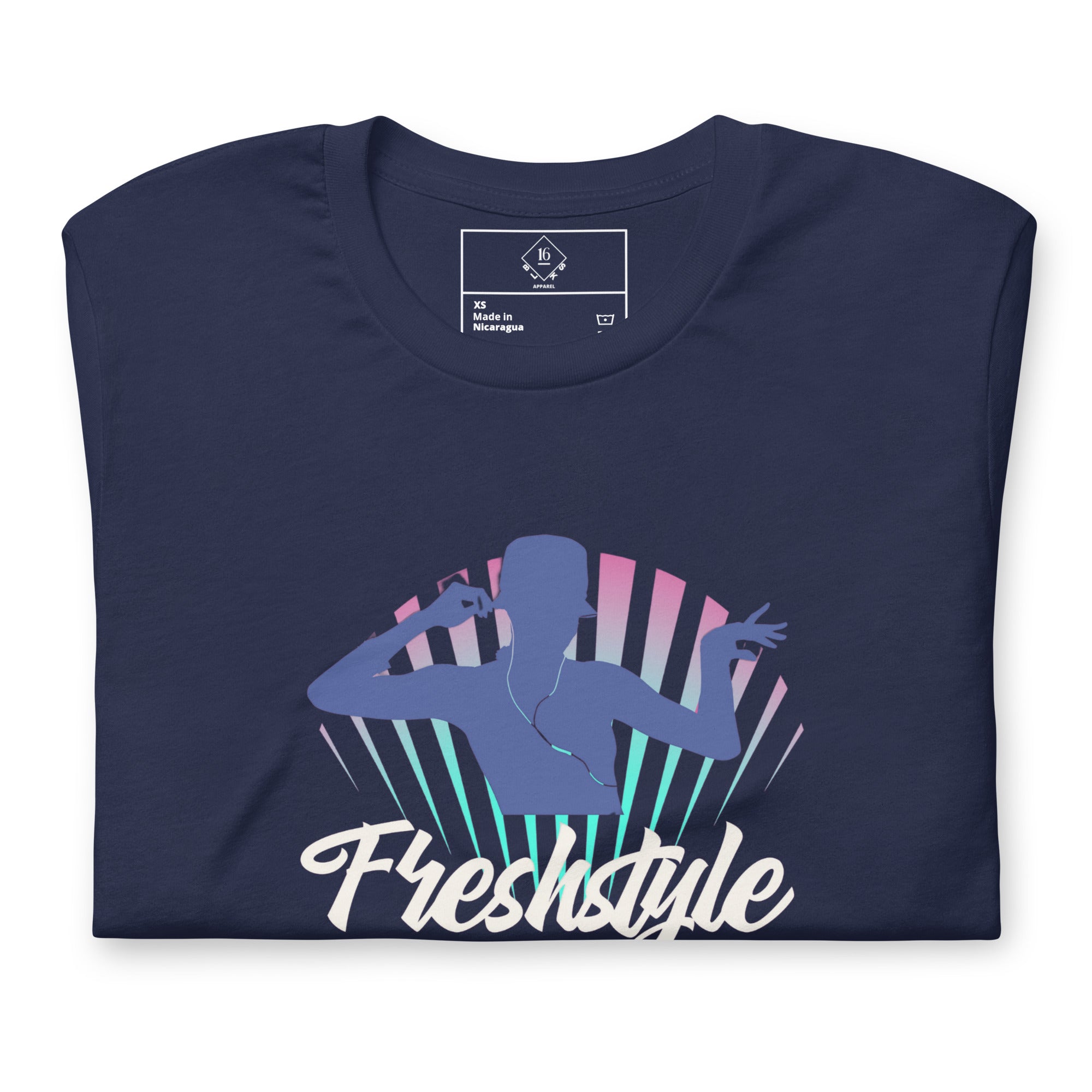 Blue freshstyle t-shirt with a woman dancing