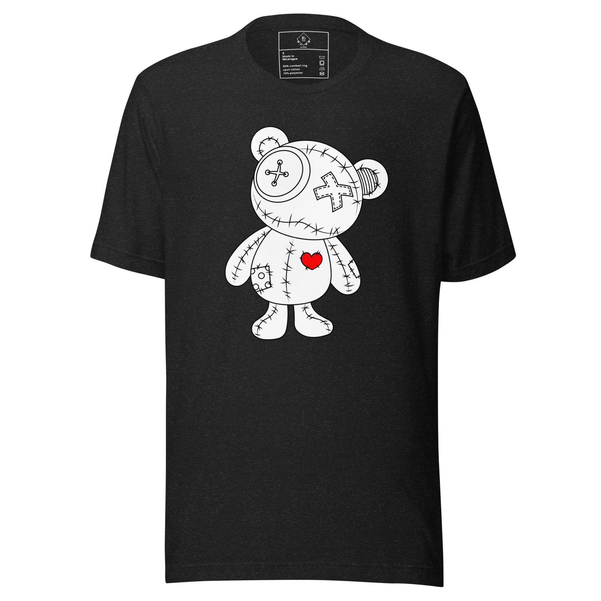 love bear shirt a bear with a read heart. color black heather