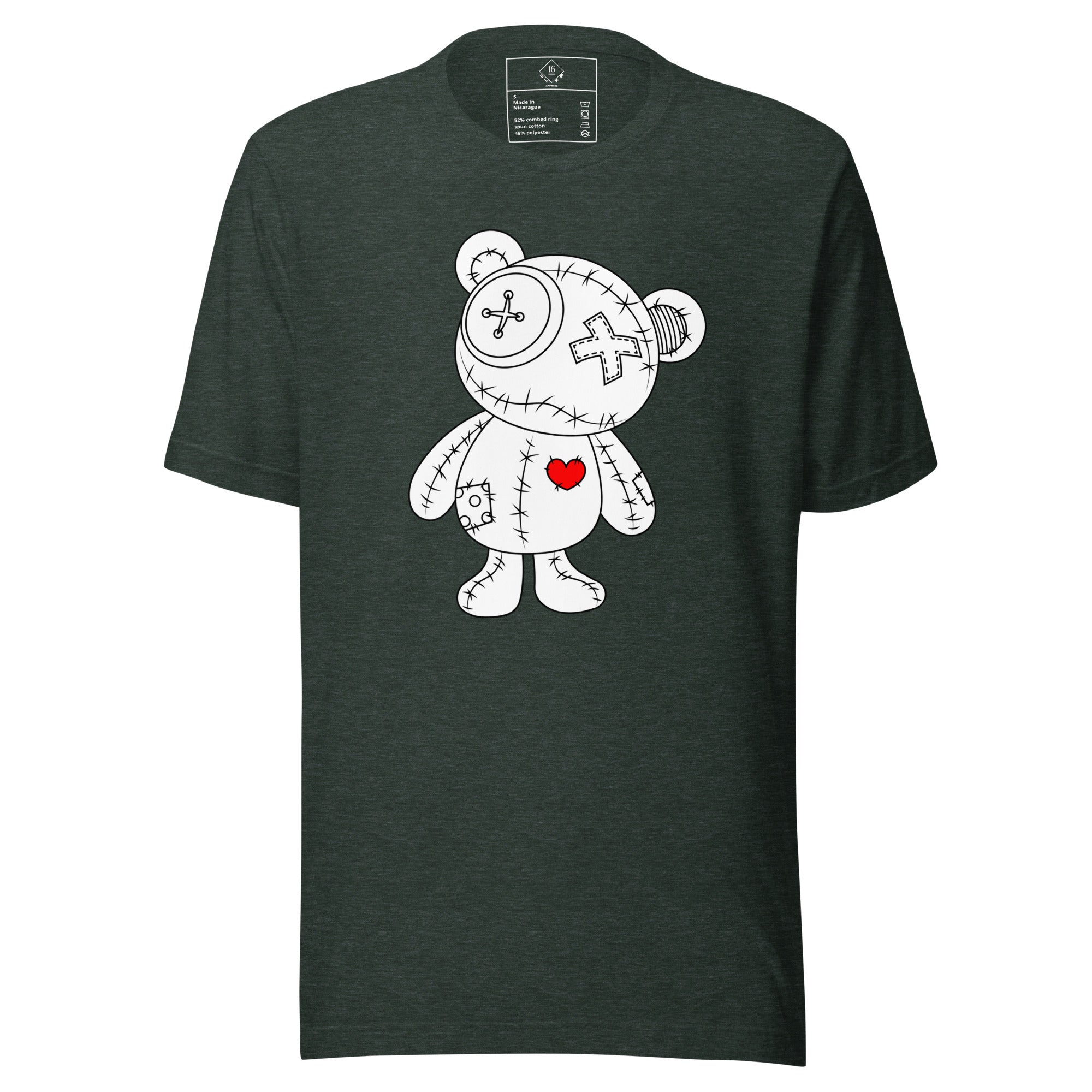 love bear shirt a bear with a read heart. color heather forest